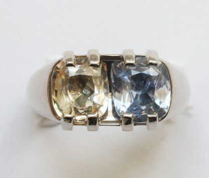 Blue and Yellow Cushion Cut Sapphire Dress Ring in 18ct Grey Gold