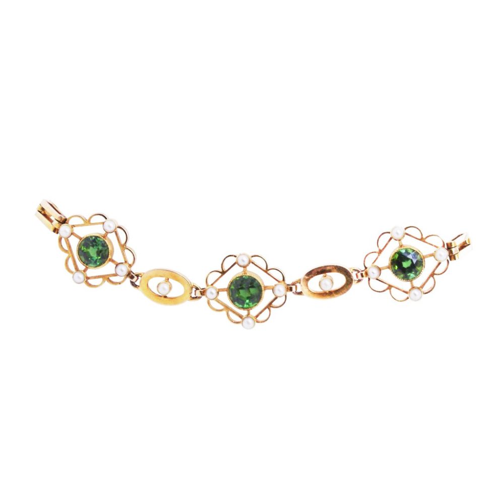 Vintage Green Tourmaline and Seed Pearl Bracelet, 15ct Yellow Gold