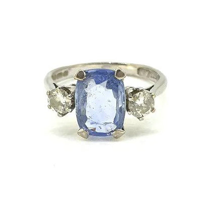 Vintage Natural Sapphire and Diamond Three Stone Engagement Ring