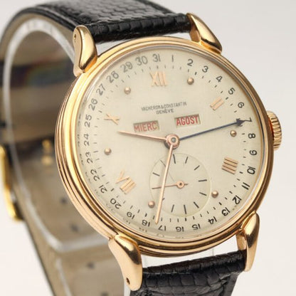 Vacheron Constantin Vintage 1950s Manual 18ct Yellow Gold 36mm Triple Calendar Wristwatch, on black lizard strap