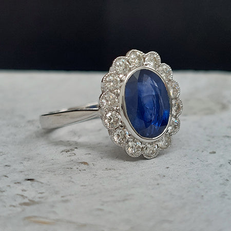 2.57ct Sapphire and Diamond Oval Cluster Ring in 18ct White Gold