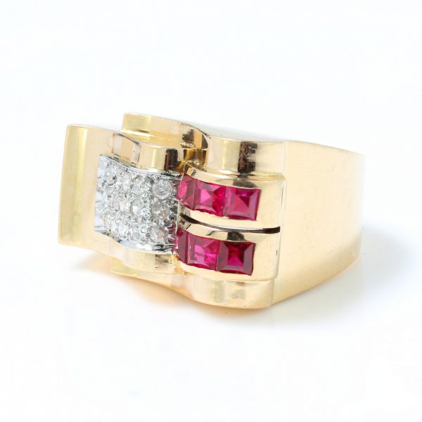 Antique French Ruby and Diamond Asymmetrical Dress Ring; set with 0.90cts princess-cut rubies and 0.45cts rose-cut diamonds over a fluid asymmetrical design, 19th century Circa 1890s