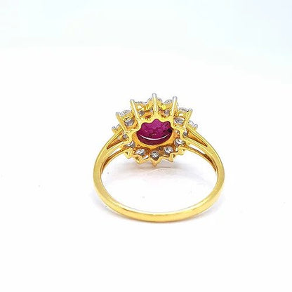 Cabochon Burma Ruby and Diamond Cluster Ring in 18ct Yellow Gold