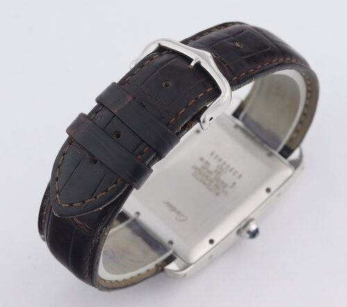 Cartier Tank Americaine 18ct White Gold 1741 Automatic, white guilloche dial, Roman numerals, blue steel hands, date indicator, sapphire crown, sapphire crystal, On a Cartier brown leather strap with 18ct white gold buckle. With Cartier box and papers, Circa 2004