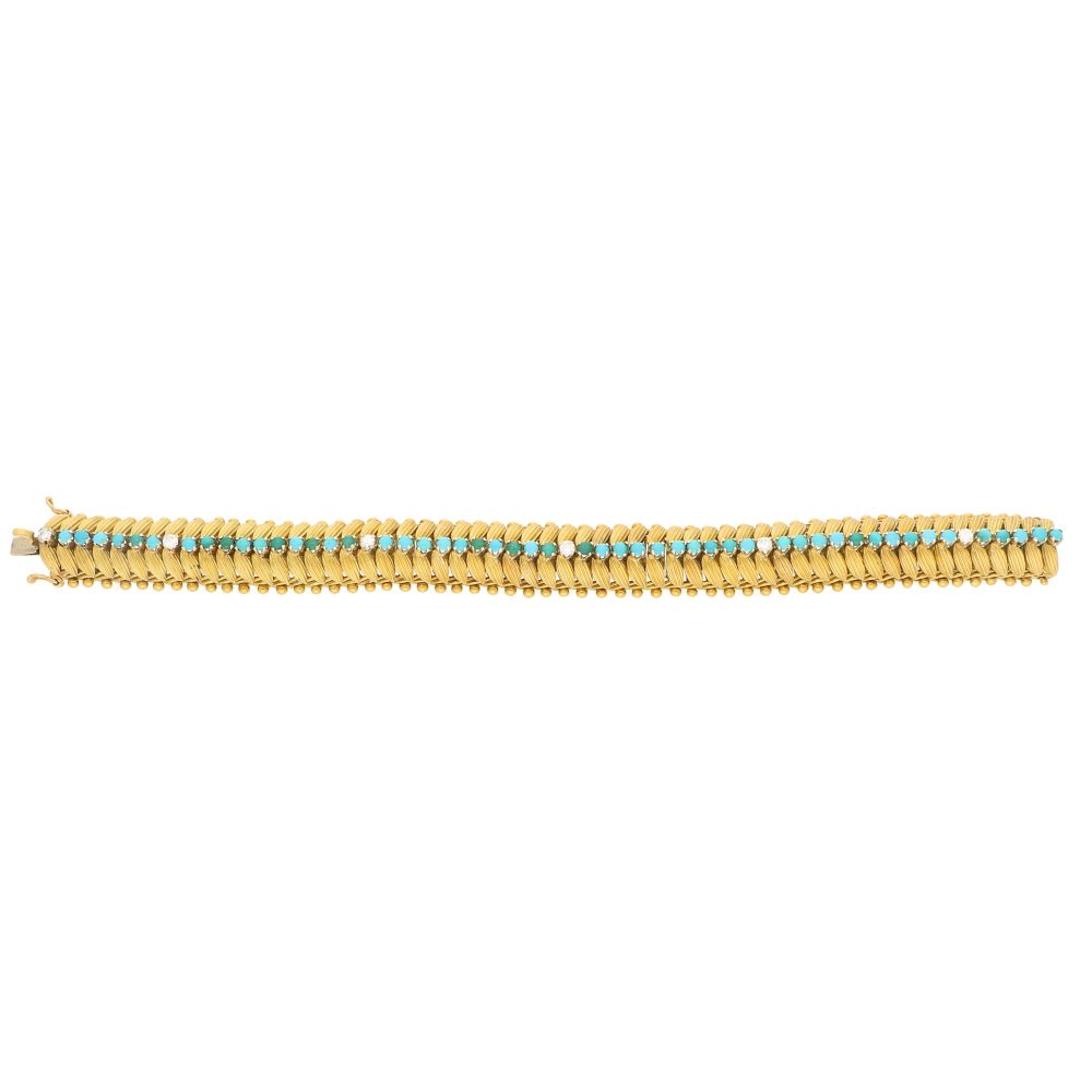 Vintage 1960s Yellow Gold Bracelet with Turquoise and Diamonds