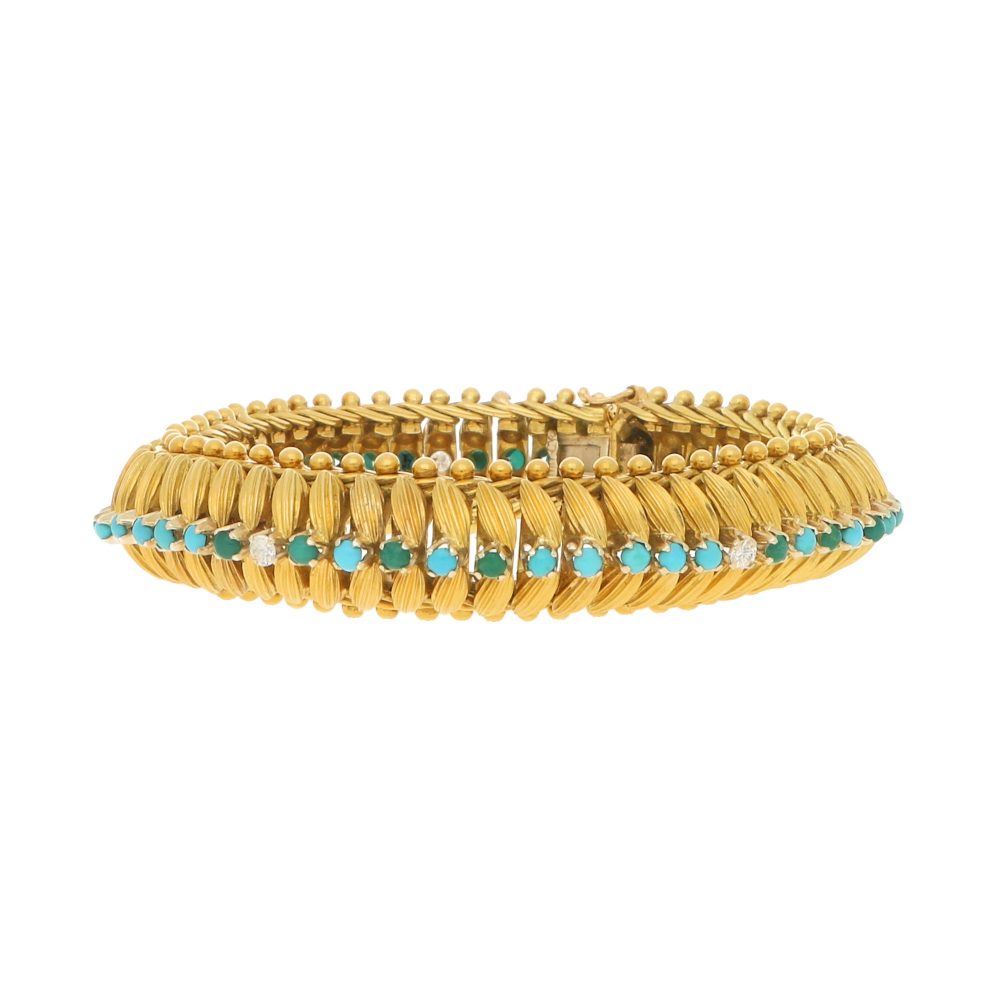 Vintage 1960s Yellow Gold Bracelet with Turquoise and Diamonds; handcrafted 18ct yellow gold bracelet with 3D textured leaf design and central row of cabochon turquoise alternating with 0.30cts round brilliant-cut diamonds, accented with borders of spherical gold beads
