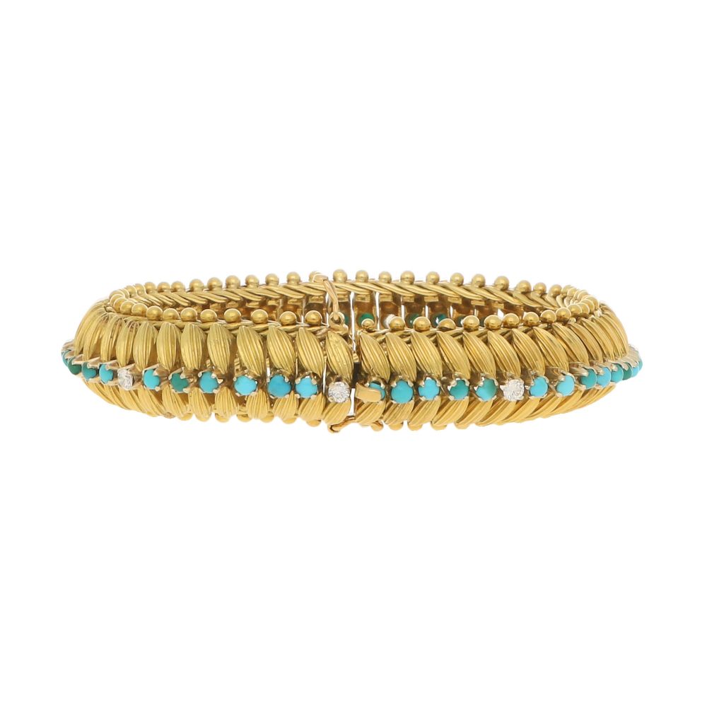 Vintage 1960s Yellow Gold Bracelet with Turquoise and Diamonds