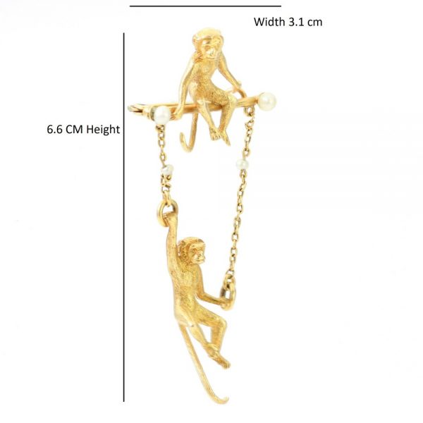 Art Deco 18ct Yellow Gold Monkey Brooch with Pearls