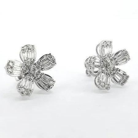 1.60ct Brilliant and Baguette Cut Diamond Flower Cluster Earrings