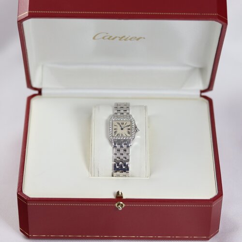 Cartier Ladies Santos Demoiselle Diamond 18ct White Gold Quartz Watch, 18ct white gold bracelet with a double-fold hidden 18ct white gold clasp, with Cartier Box and Cartier 2018 service papers