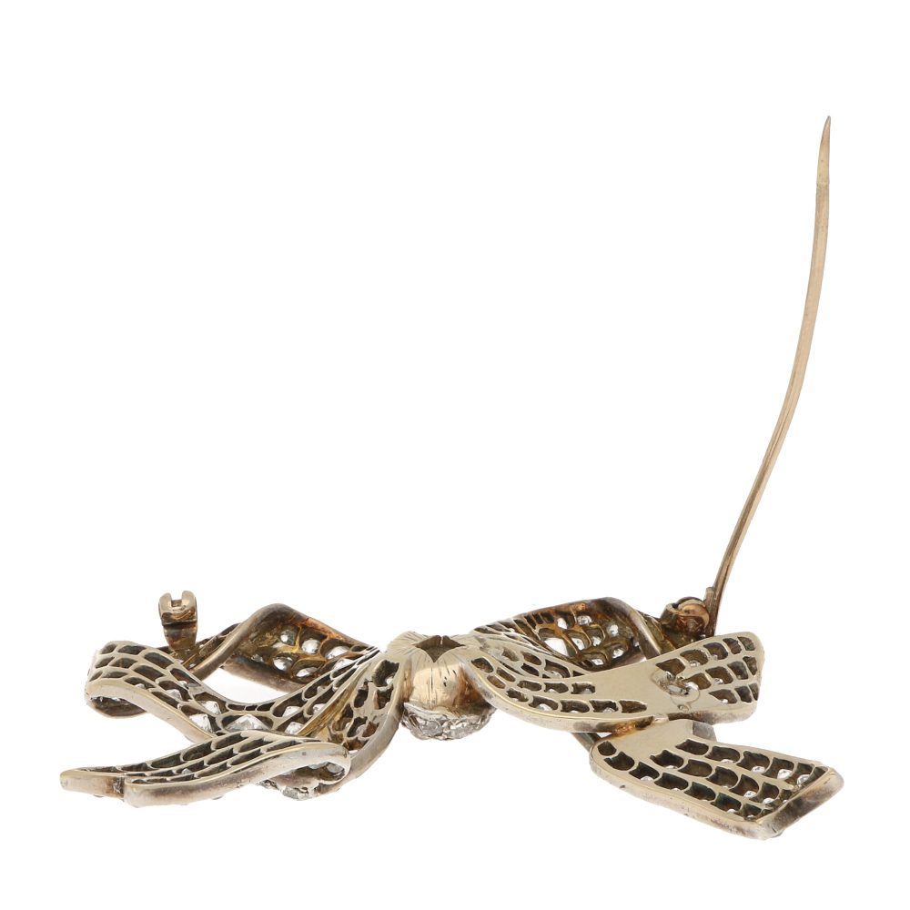 Antique Victorian Diamond Bow Brooch in Silver and Yellow Gold