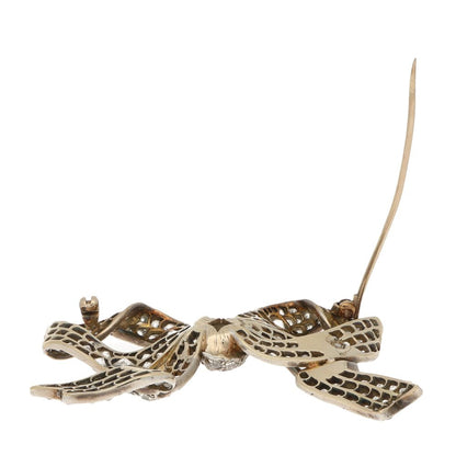 Antique Victorian Diamond Bow Brooch in Silver and Yellow Gold