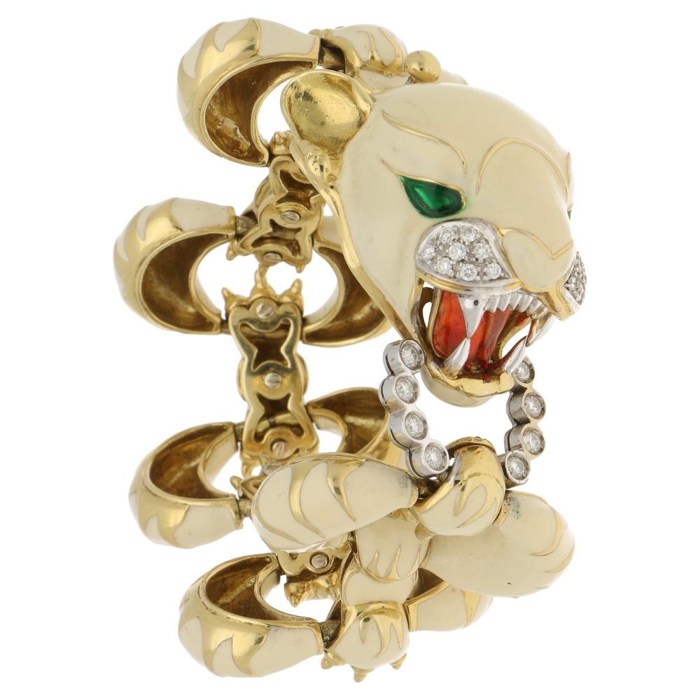 Italian Diamond and White Enamel Tiger Bracelet in Yellow Gold