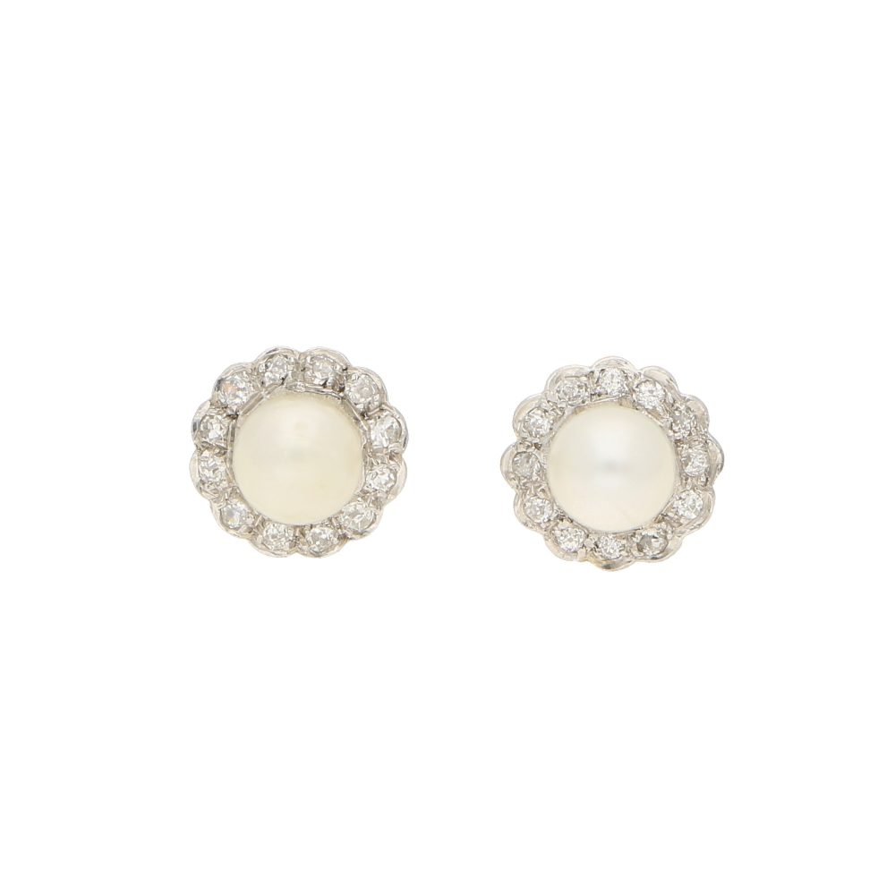 Vintage Pearl and Diamond Cluster Stud Earrings