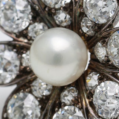 Antique Victorian Pearl and Old Cut Diamond Flower Brooch Pendant
