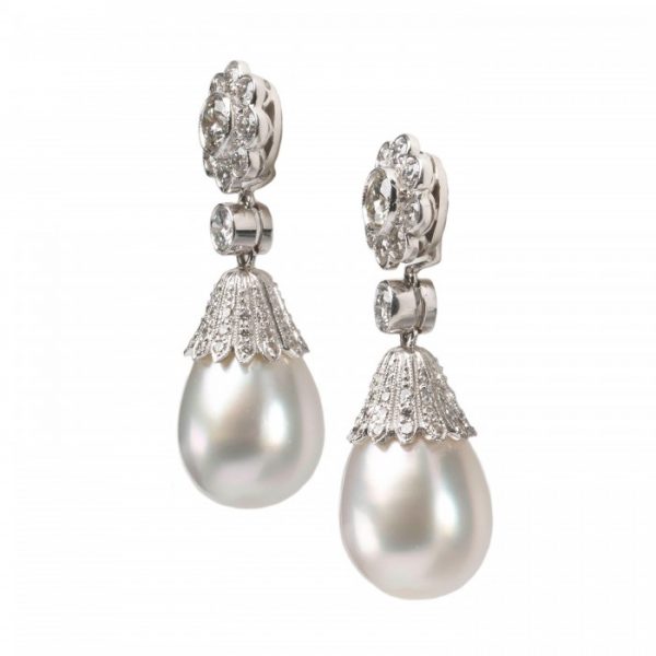 Edwardian Style South Sea Pearl and Diamond Convertible Drop Earrings in Platinum, 1.65 carats