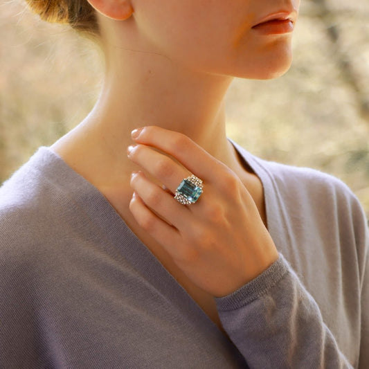 Art Deco Inspired Aquamarine and Diamond Cocktail Ring