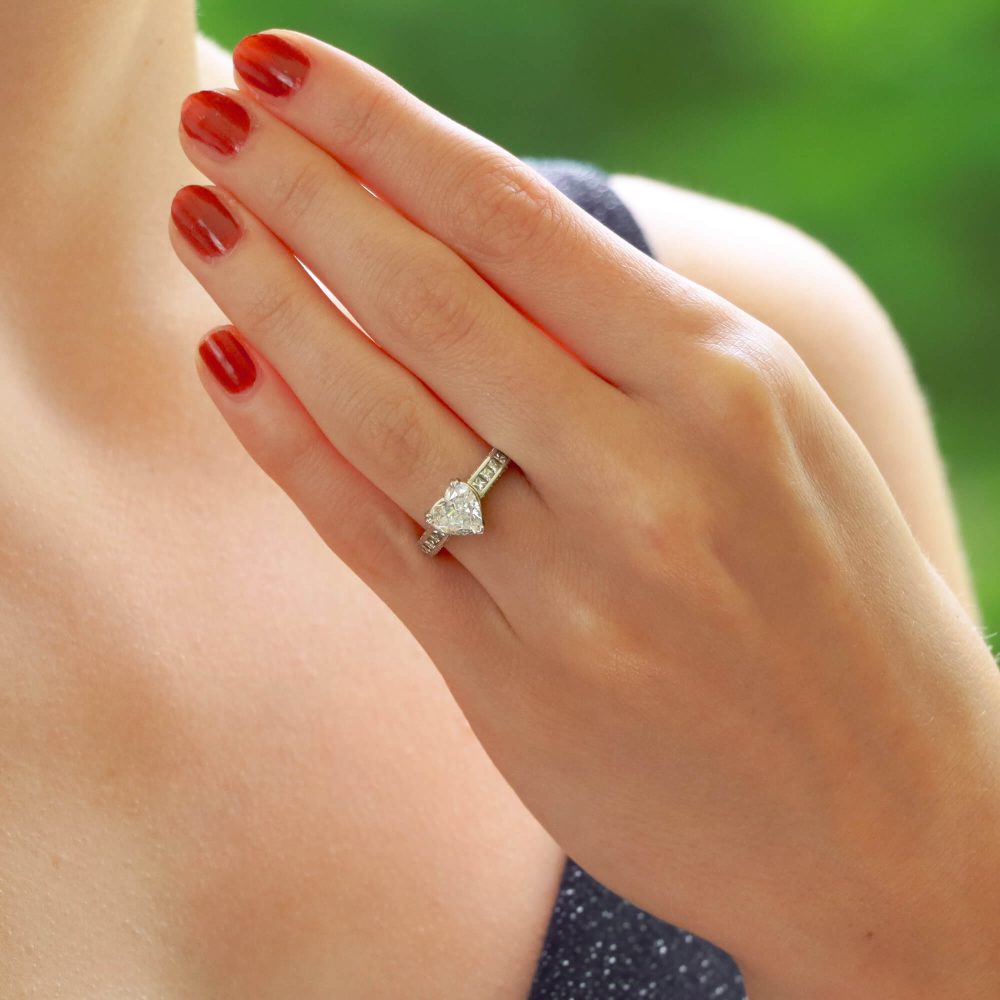 1.15ct Heart Cut Solitaire Diamond Engagement Ring with Princess Cut Diamond Shoulders in Platinum