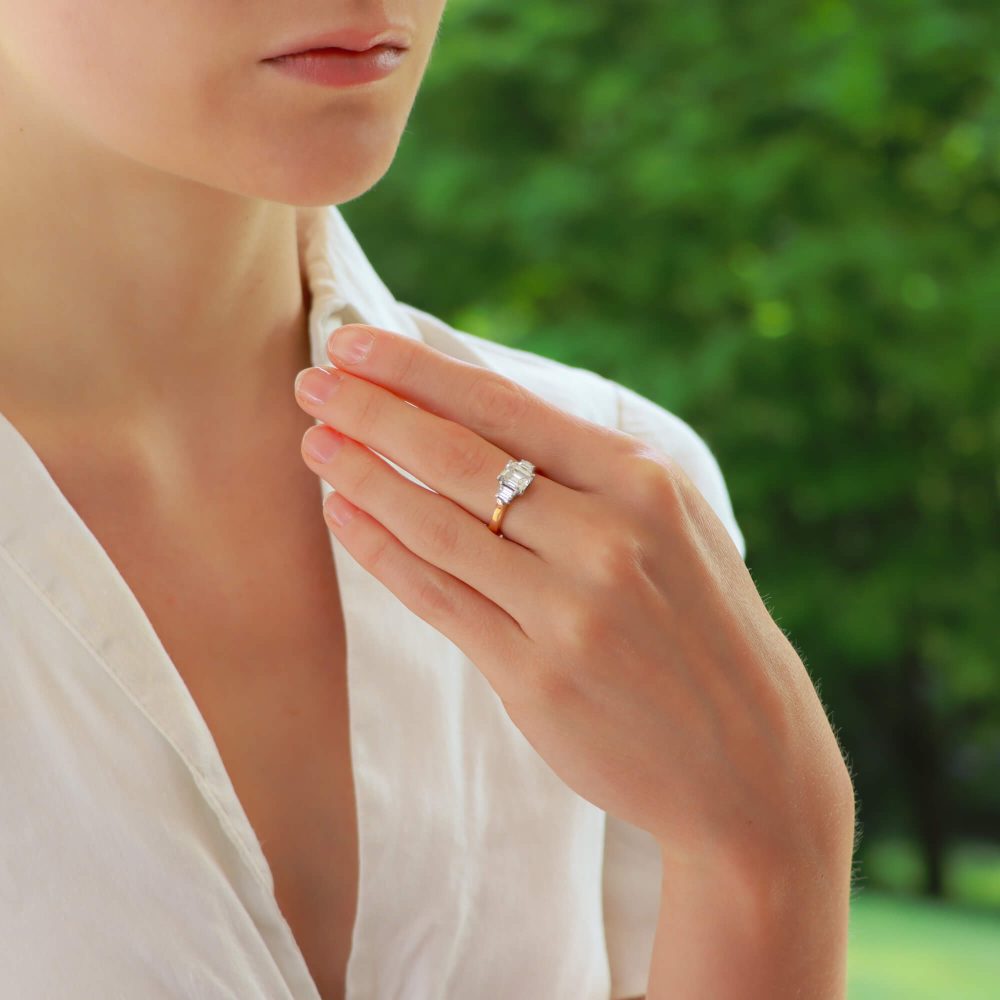 Emerald Cut and Trapezoid Diamond Three Stone Ring, 1.76ct