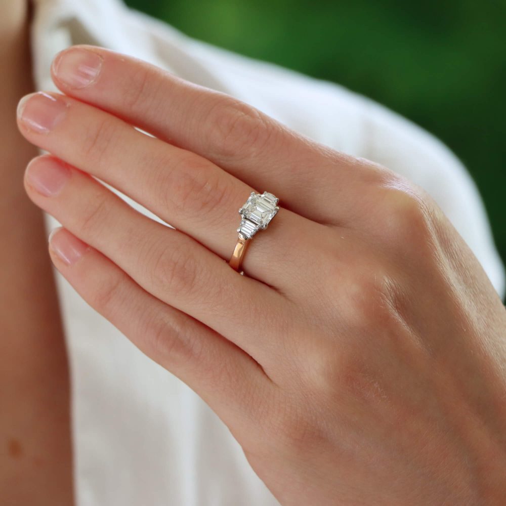 Emerald Cut and Trapezoid Diamond Three Stone Ring, 1.76ct