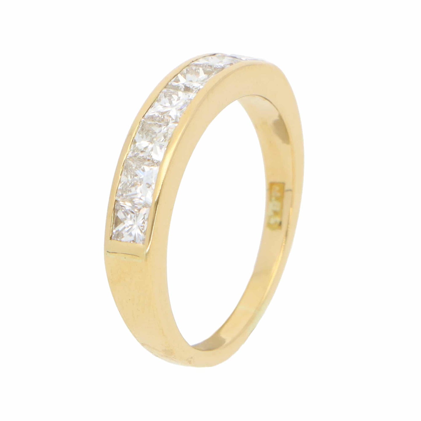 A yellow gold half eternity band ring with princess cut diamonds, on a white background