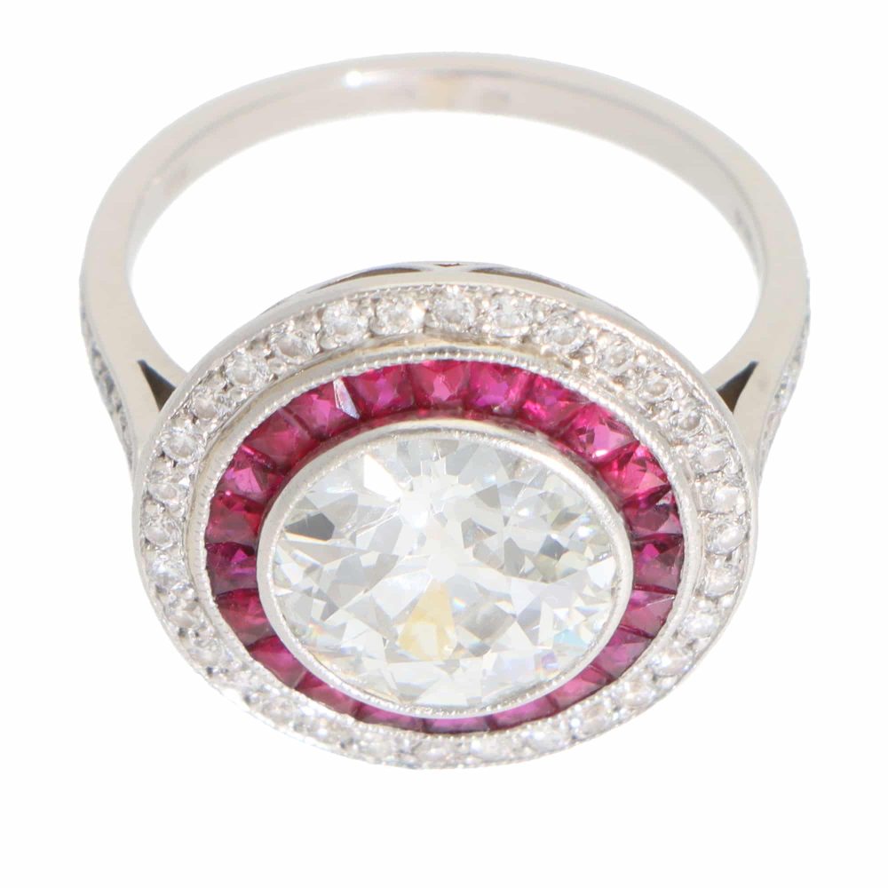 Art Deco Style Diamond and Ruby Double Target Ring in Platinum