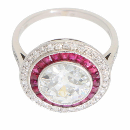 Art Deco Style Diamond and Ruby Double Target Ring in Platinum