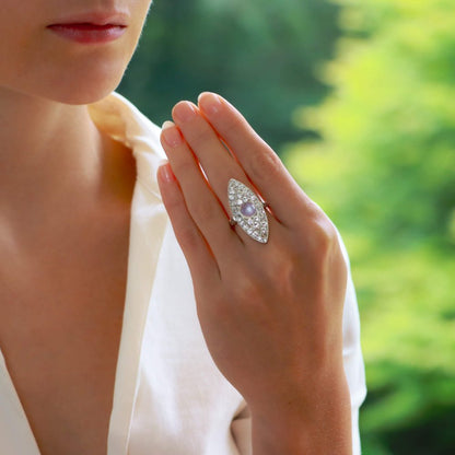 Antique Art Deco Marquise Shaped Diamond and Moonstone Cocktail Dress Ring in Platinum