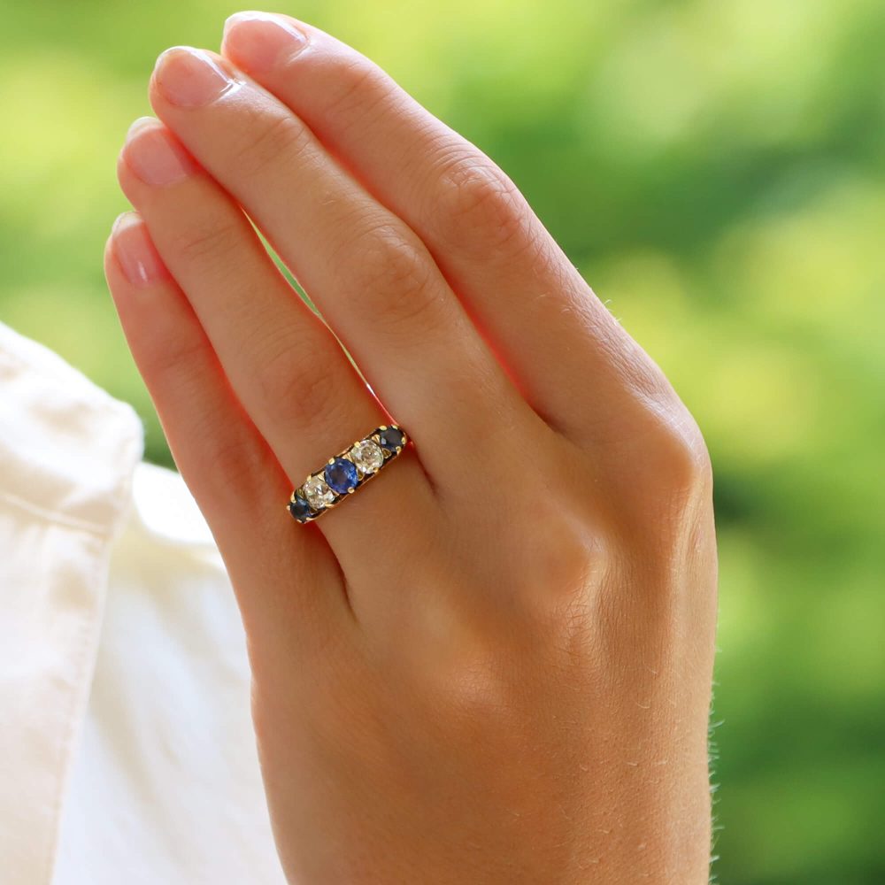 Victorian Antique Sapphire and Diamond Five Stone Ring