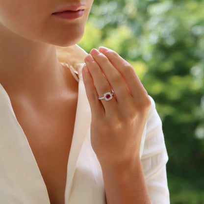 Ruby and Diamond Cushion Cluster Engagement Ring