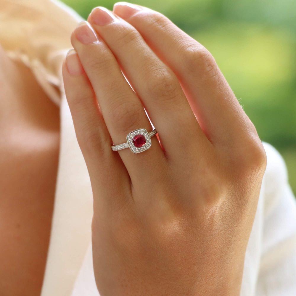 Ruby and Diamond Cushion Cluster Engagement Ring
