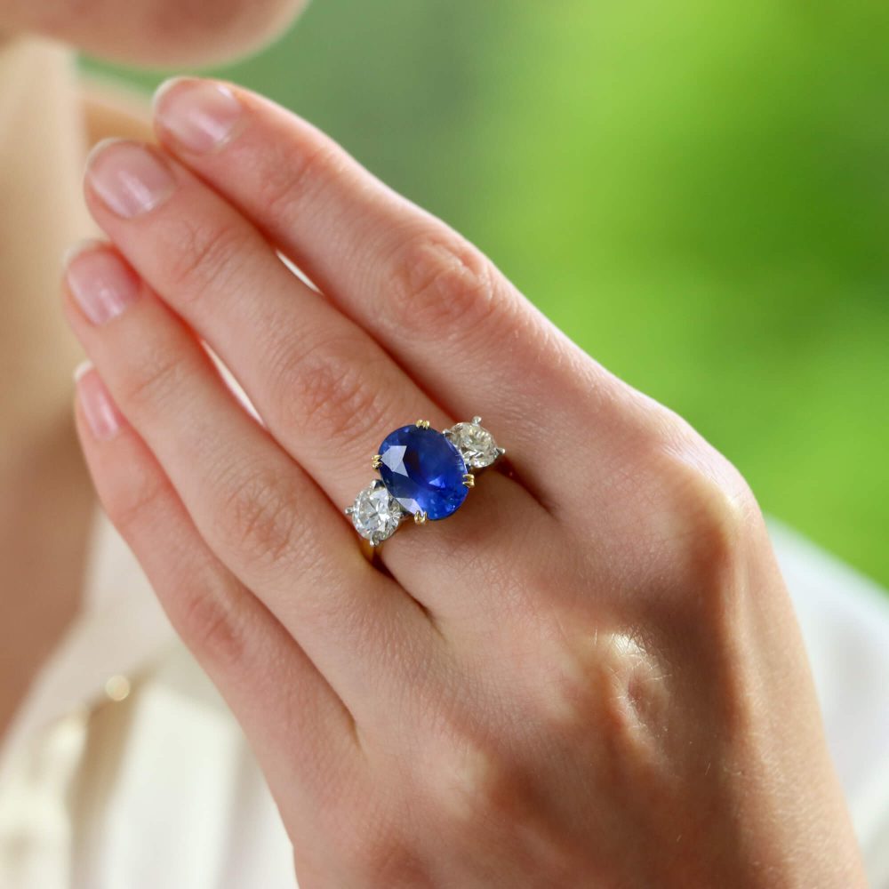Certified 7.18ct Sapphire and Diamond Three Stone Ring