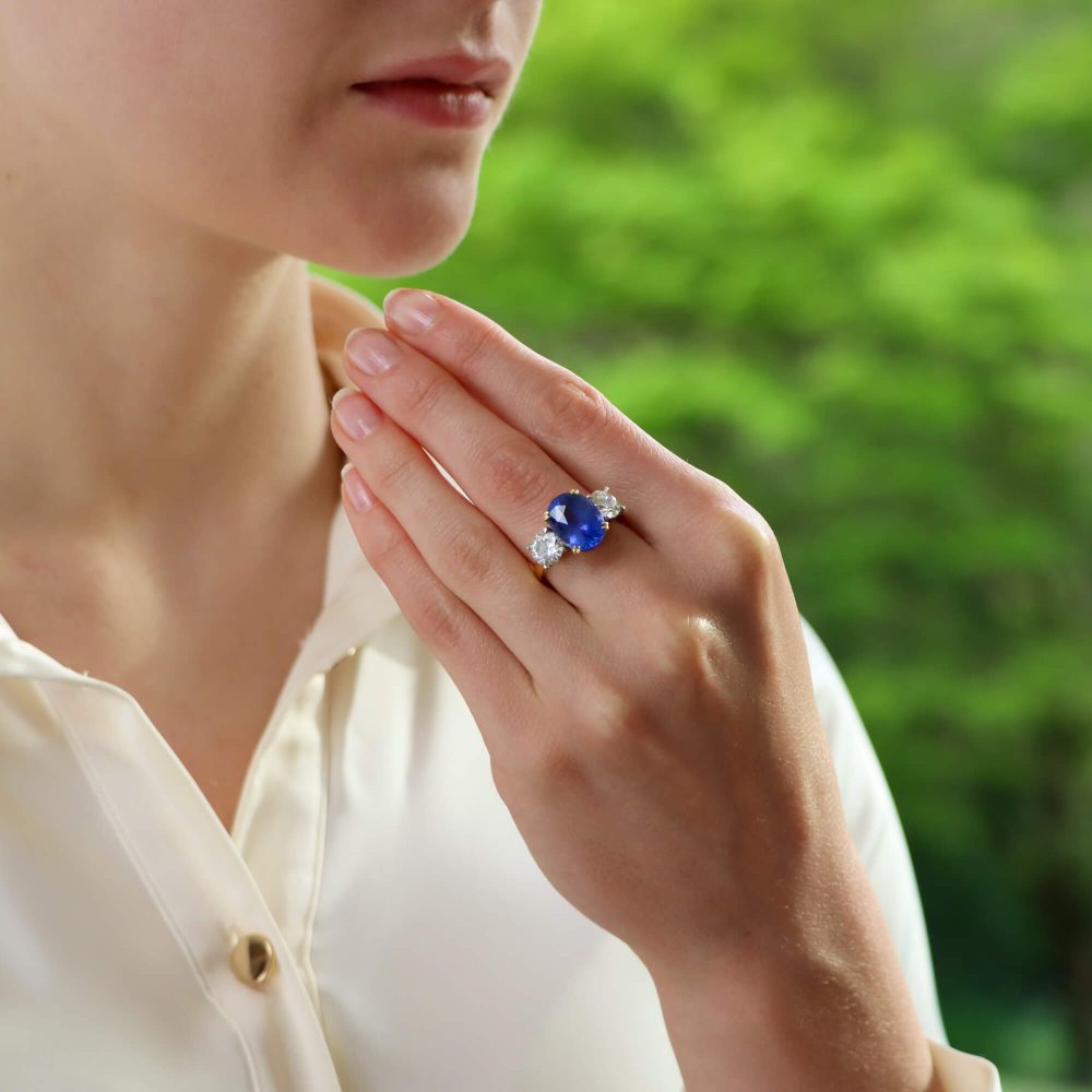 Certified 7.18ct Sapphire and Diamond Three Stone Ring