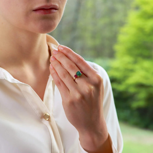 Vintage Emerald Ruby and Diamond Three Stone Ring