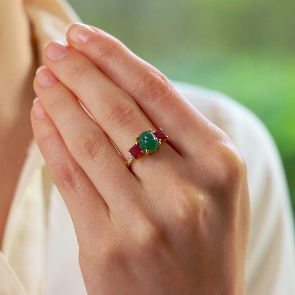 Vintage Emerald Ruby and Diamond Three Stone Ring