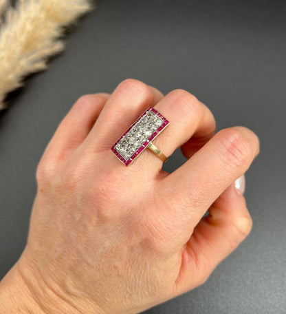 Art Deco Ruby and Diamond Rectangular Cluster Tablet Plaque Ring