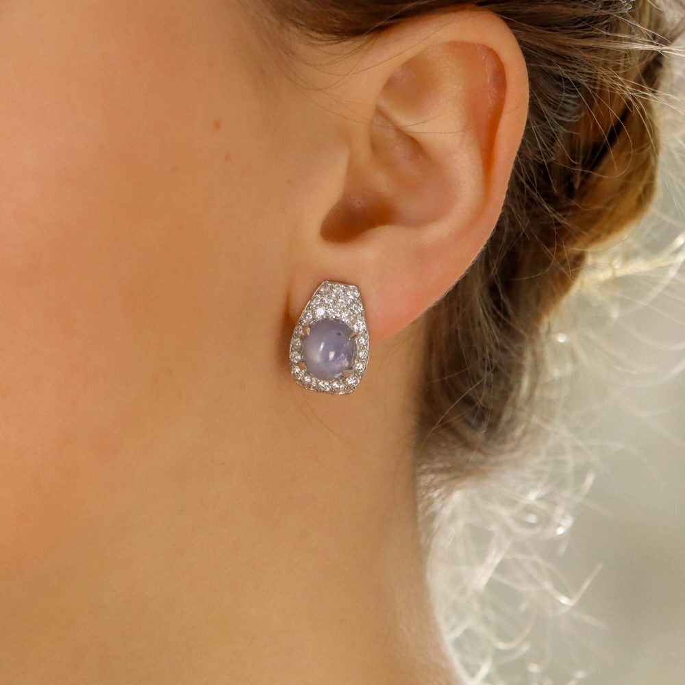 Art Deco Inspired 13.20ct Star Sapphire and Diamond Earrings