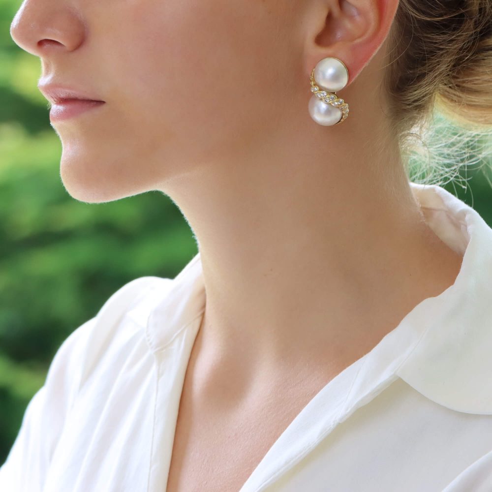 Contemporary Mabe Pearl and Diamond Clip On Earrings 18ct Yellow Gold