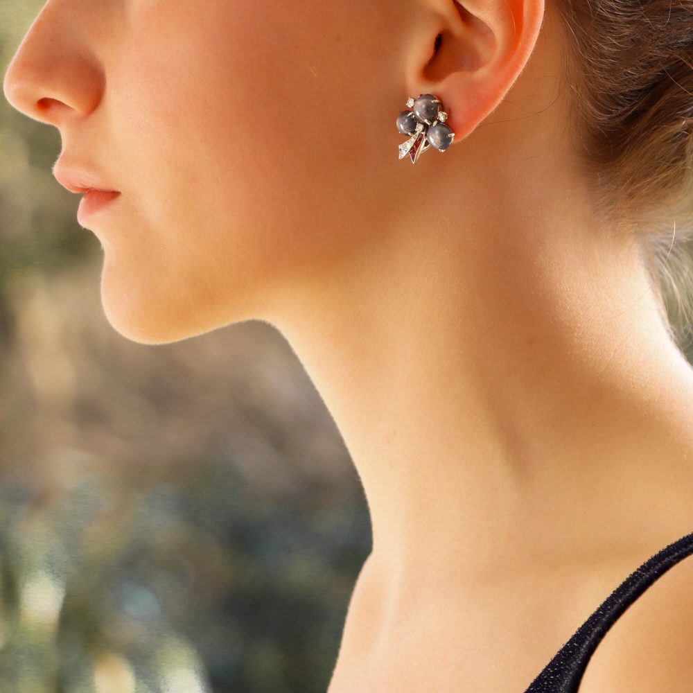 Sapphire, diamond and ruby clover stud earrings set in platinum