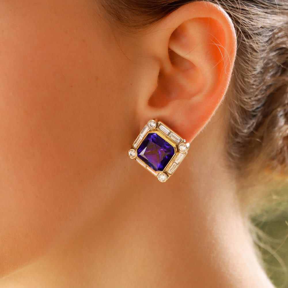 22ct Tanzanite and Diamond Clip Earrings in Yellow and White Gold