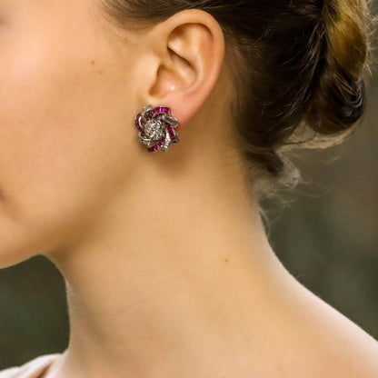 3.60ct Diamond and Calibre Cut Ruby Swirl Clip Earrings in White Gold