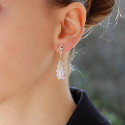 Vintage Moonstone and Diamond Cluster Lightning Bolt Drop Earrings