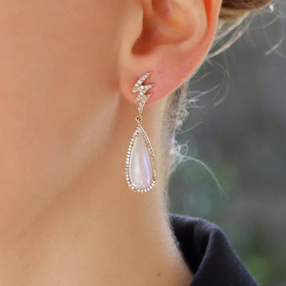 Vintage Moonstone and Diamond Pear Shaped Cluster Lightning Bolt Drop Earrings