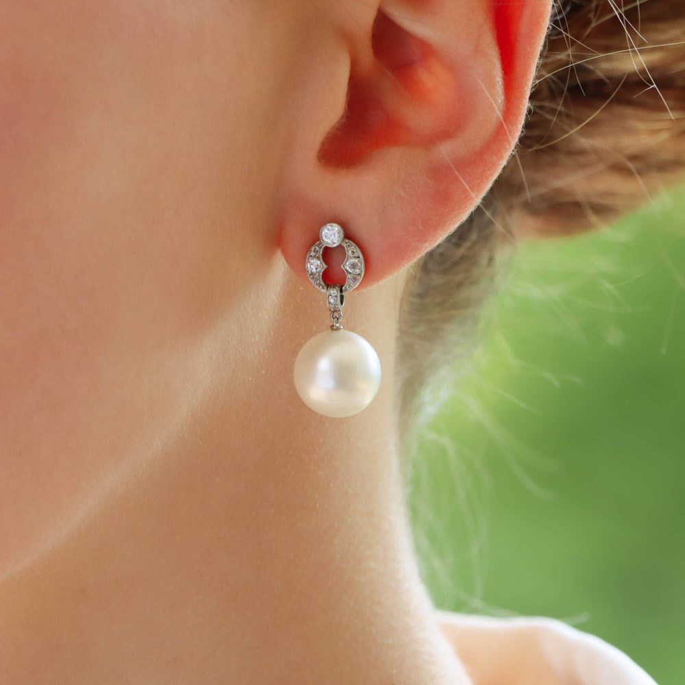 Art Deco Old Cut Diamond and South Sea Pearl Drop Earrings in Platinum