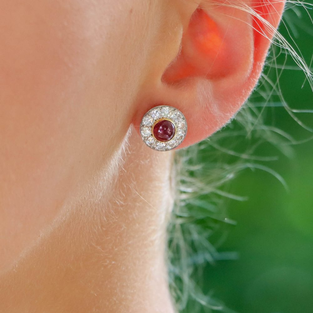 Vintage 2ct Cabochon Ruby and Diamond Cluster Earrings