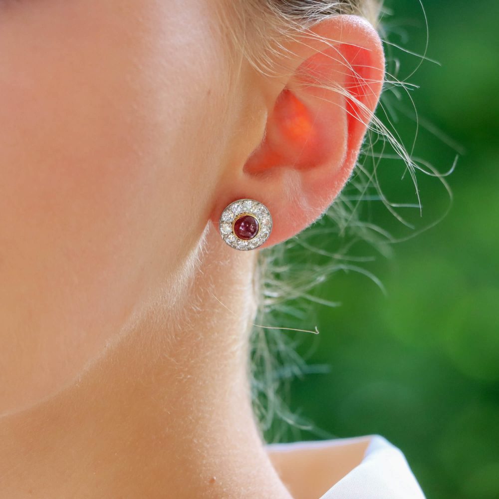 Vintage 2ct Cabochon Ruby and Diamond Cluster Stud Earrings
