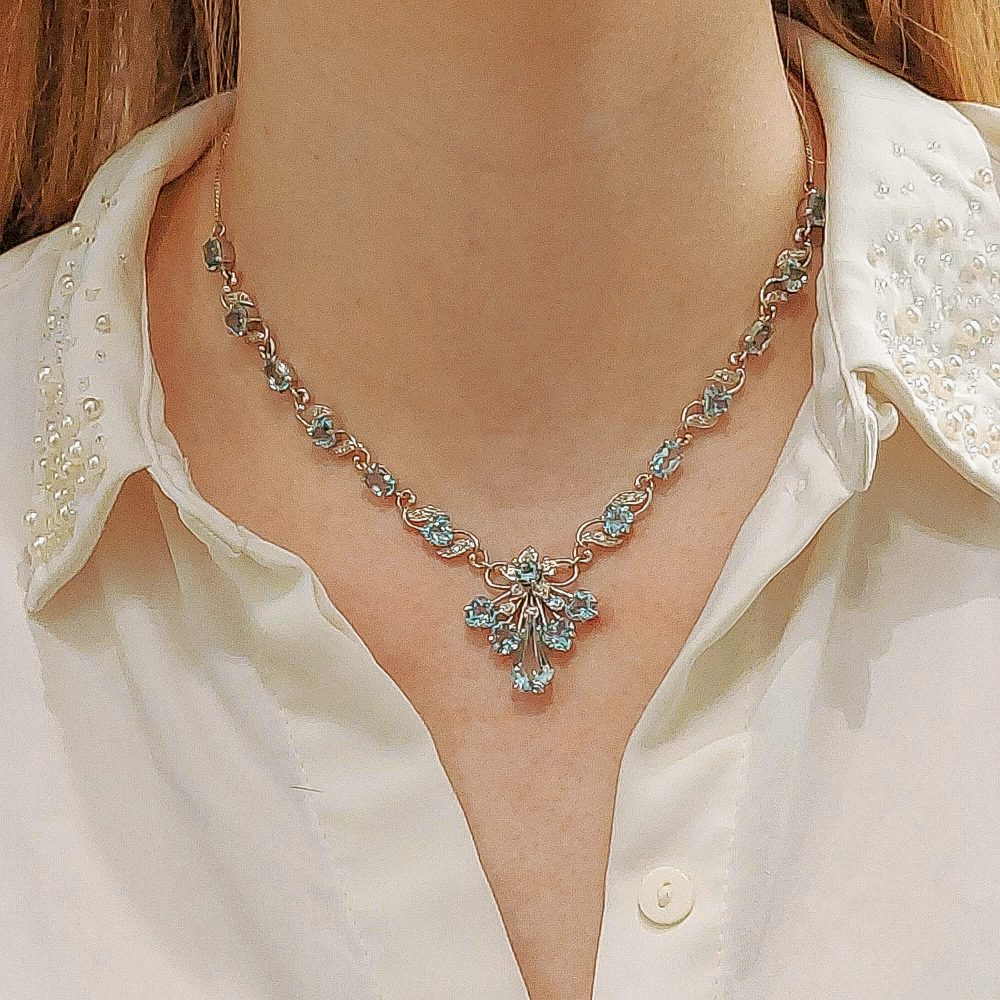 Aquamarine and Diamond Floral Spray Filigree Necklace