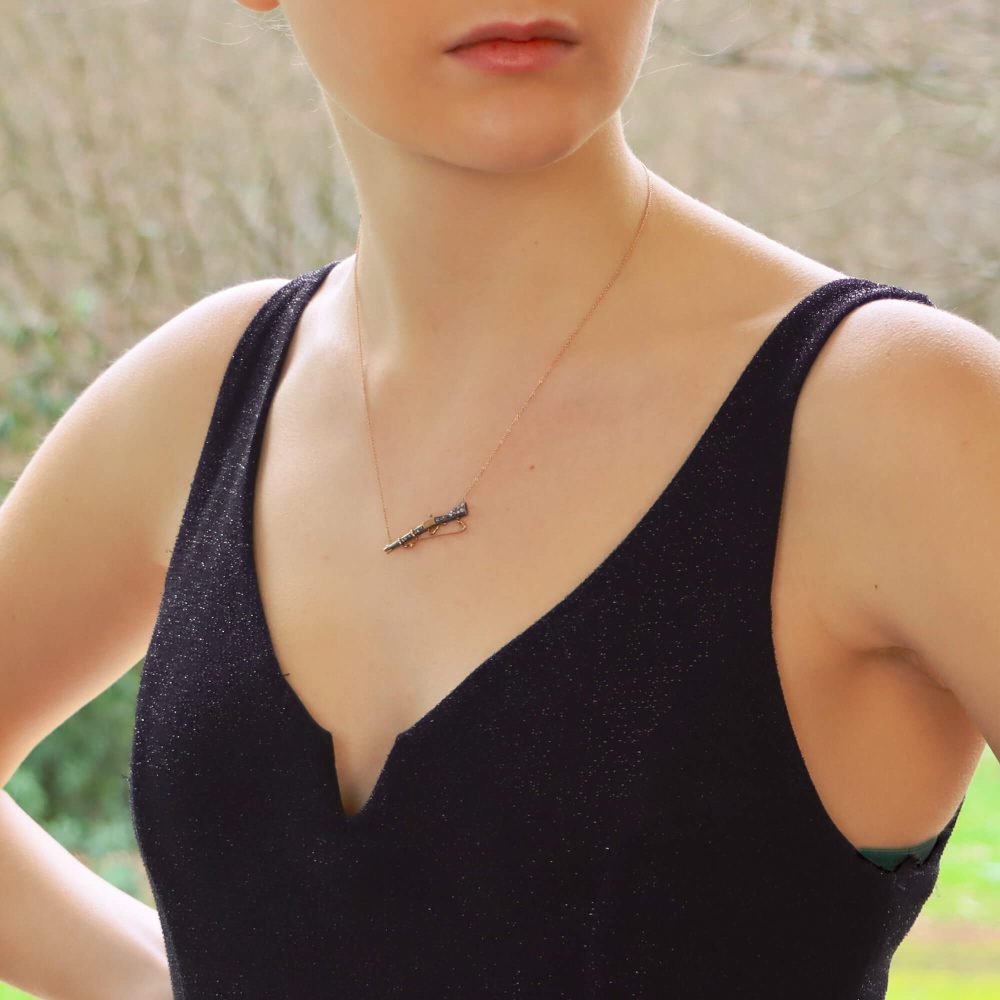 Victorian Rose Cut Diamond Set Hunting Rifle Pendant Necklace in 18ct Rose Gold