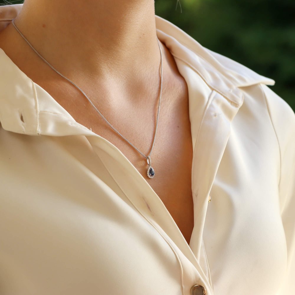 0.40ct Pear Cut Sapphire and Diamond Pendant Necklace