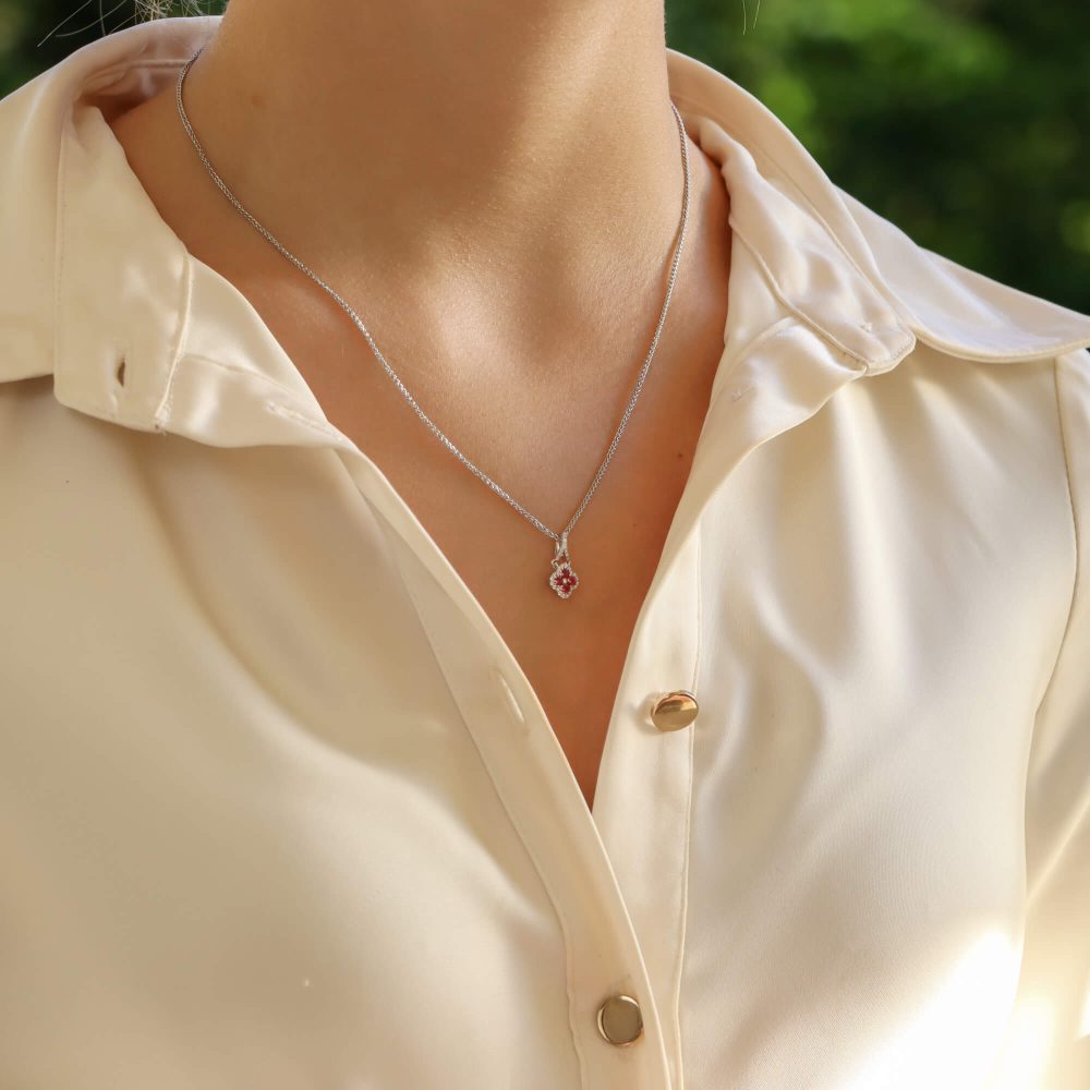 Ruby and Diamond Flower Cluster Pendant Necklace